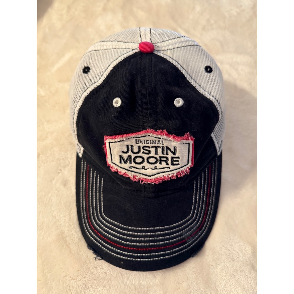 Justin Moore Country Music Trucker Hat Black White Distressed Mesh Snapback Cap